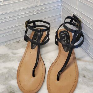 Jessica Simpson Thong Sandals Black Leather Gold Hardware LIKE NEW